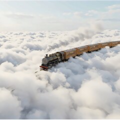 Peaceful Sunrise Travel: Modern High-Speed Train Floating on Clouds with Ethereal Light