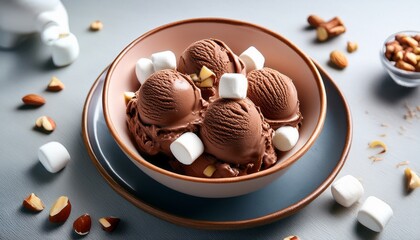 delicious bowl of rich chocolate ice cream topped with nuts and marshmallows