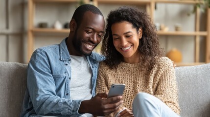 Mid adult man relaxing on sofa and showing new app to african american wife on cellphone. Middle eastern man and woman sitting on couch at home and using mobile phone to do a video call with family.,