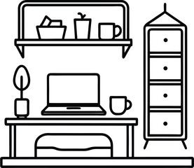 dorm with laptop on bed coffee mug and shelf 11