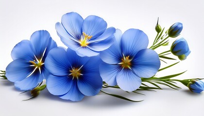 flax flowers in full bloom with their soft blue petals and slender green stems beautifully isolated on a bright white background