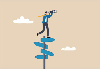 Search for right direction, business opportunity or success way, make decision or career path, vision to see future concept, smart businessman look through spyglass or binoculars to discover solution