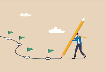 Workflow or working process, project progress, milestone or achievement tracking, work experience or journey concept, businessman using pencil to draw workflow line with achievement flag milestones