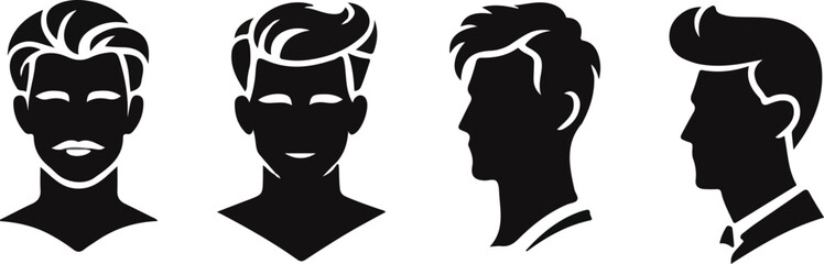 Black color vector set of man face or head with modern hairstyle
