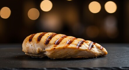 Closeup of a single juicy grilled chicken breast fillet with perfect grill marks. Healthy high-protein meal served on a dark stone slab with a warm bokeh background.
