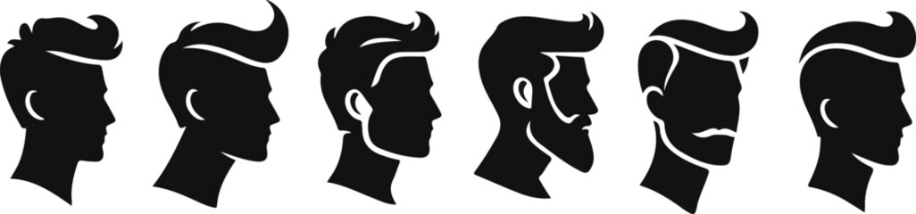 Black color vector set of man face or head with modern hairstyle