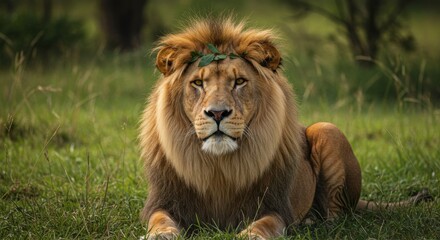 Fototapeta premium Majestic Lion Wearing a Leaf Crown in the Grass 