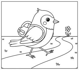 Cute bird coloring page featuring an adorable bird with a backpack walking along a winding path with flowers, illustrated in a simple black-and-white line art style for fun and creative kids