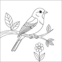 Cute bird coloring page featuring a small songbird perched on a leafy branch with a blooming flower below, illustrated in a clean black-and-white line art style, ideal for kids’ coloring fun.