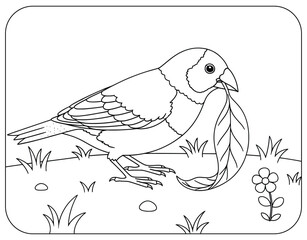 Charming bird holding a leaf in its beak while standing on grass, illustrated in black-and-white line art. Perfect for coloring books, educational projects, and creative artwork.