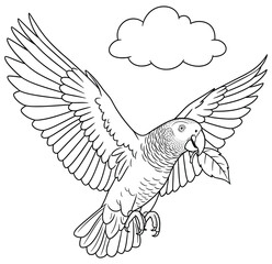 Beautiful parrot coloring page featuring a parrot in flight holding a leaf in its beak with a cloud in the background, illustrated in a detailed black-and-white line art style, perfect for kids
