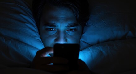 Anxious Man Using Smartphone in Bed at Night
