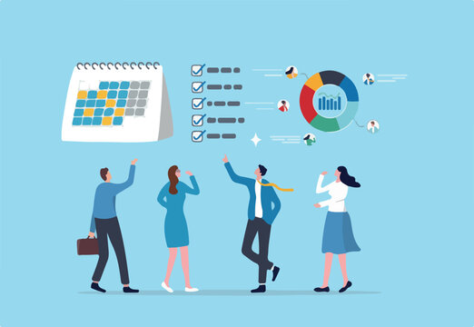 Business planning, development schedule, project management calendar or checklist, brainstorming or analyzing employee, resource management concept, business people discussing business plan schedule