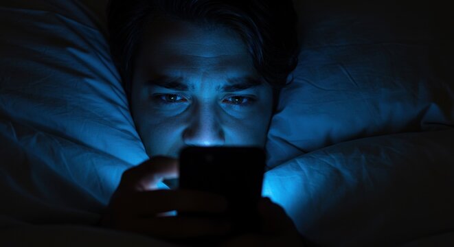 Anxious Man Using Smartphone in Bed at Night
- Powered by Adobe