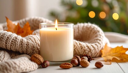 Cozy candle surrounded by autumnal elements