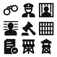 Arrest and Detention Icons. Solid, filled icon set of arrest and detention: handcuffs, police officer, suspect silhouette, jail
