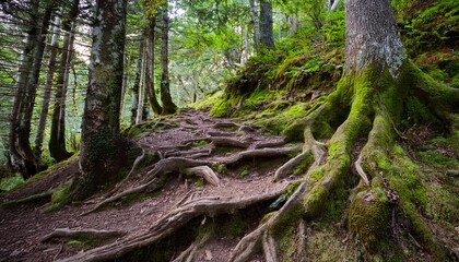 mossy tree roots along trail on olympus mountain