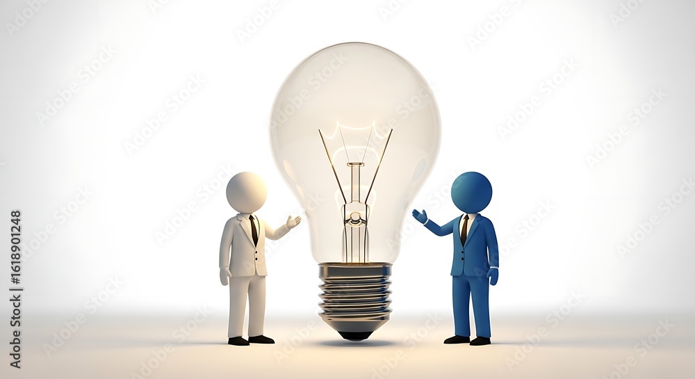 Poster two stick figures present a large lightbulb representing innovation and creative problem solving con
