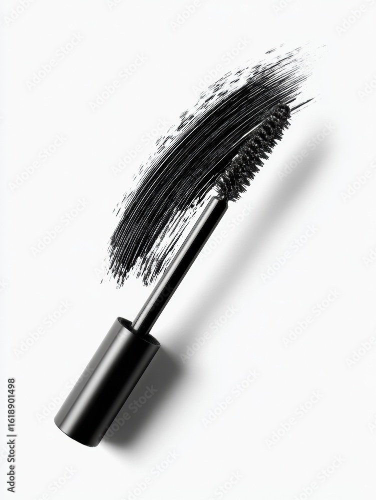 Poster 3d mascara wand creating a sleek stroke across a clean white surface with ample empty space