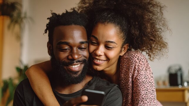 Smiling young couple embracing while looking at smartphone. Multiethnic couple sharing social media on smart phone. Smiling african girl embracing from behind her happy boyfriend while using cellphon
