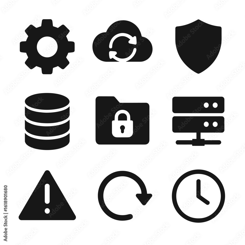 Poster backup software icons. solid, filled icon set of backup software elements: gear settings, cloud sync