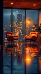 City skyline framed by illuminated interior photos