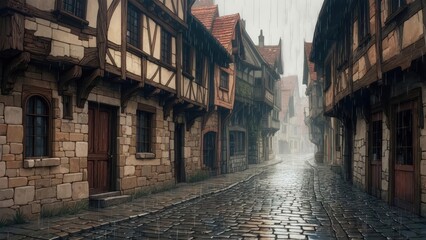 Medieval town street on a rainy day