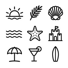 Beach Icon Set. Solid, filled icon set of sunset beach: sun, palm leaf, shell, waves, starfish, sandcastle, umbrella, cocktail