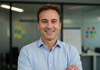 Fototapeta premium Smiling middle aged man with arms crossed wearing light blue collared shirt in modern office environment