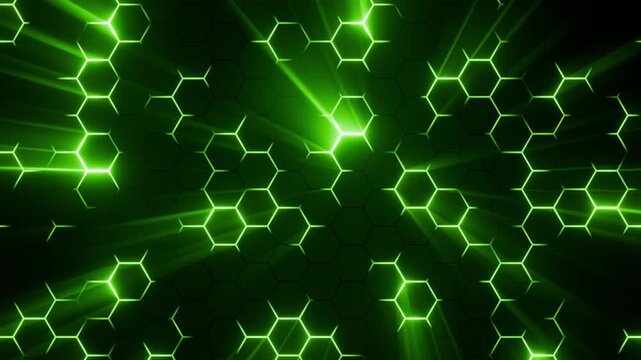 Radiant Hexagon Pattern That Emits Green Rays, Looped Motion Abstract Background.