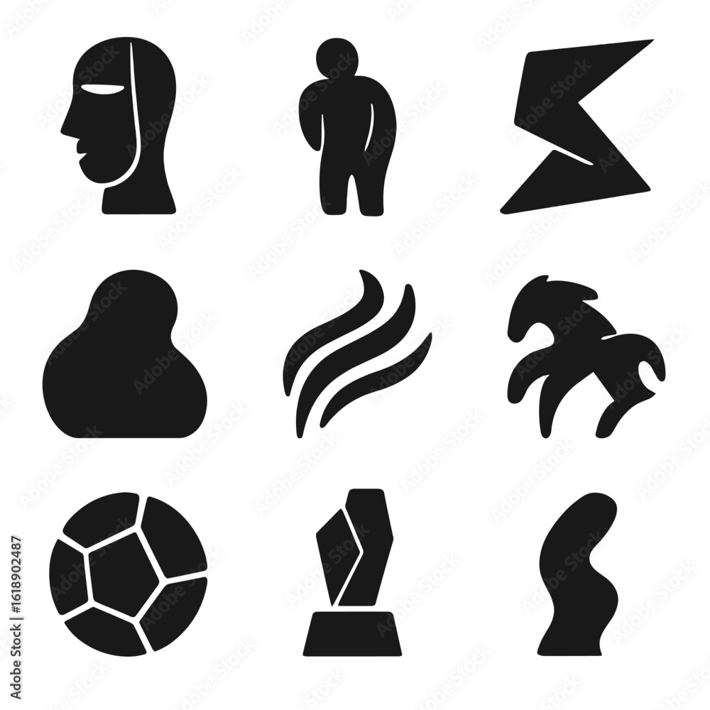 Poster black abstract icons grid. solid, filled icon set of sculpture shapes: cubist form, distorted shape,