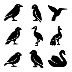 Bird Silhouette Grid. Solid, filled icon set of bird silhouettes: crow, parrot, hummingbird, falcon, crane, peacock, sparrow,