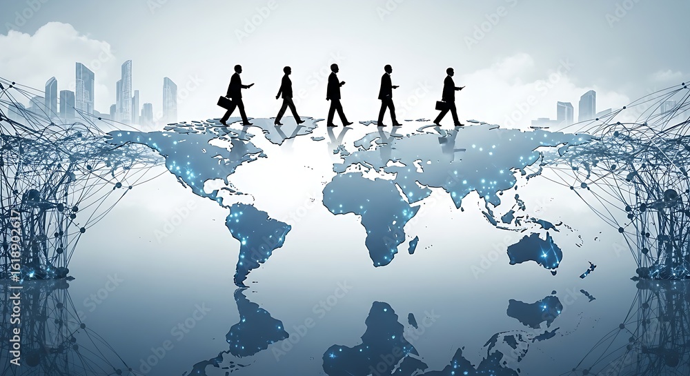 Poster silhouetted figures walking across a world map with a city skyline in the background and network con