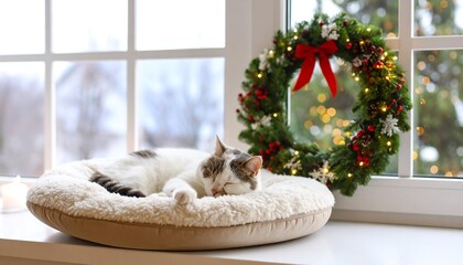 Cozy cat naps by a Christmas window