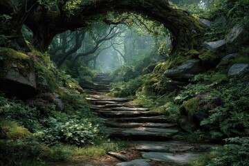 Path winds through a vibrant rhododendron forest in the misty morning, trees rising tall in Washington State, with sunlight peeking through the fog