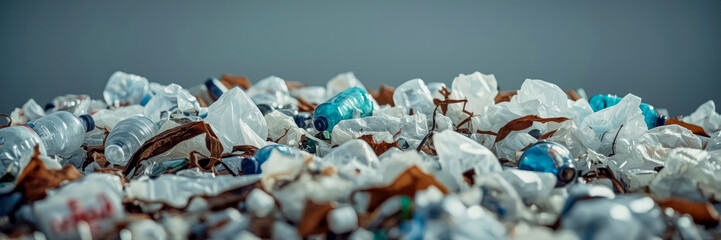 Plastic waste scattered on ground at environmental cleanup site