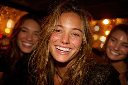 Joyful women laughing together at a late night social gathering with ambient lights and party atmosphere
