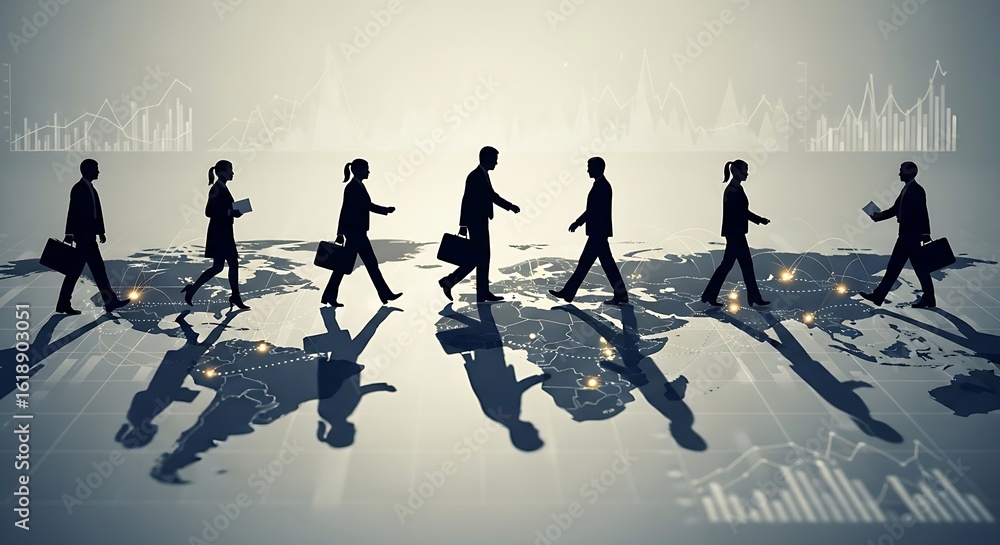 Aufkleber silhouettes of business people walking on a world map with data charts in the background visible