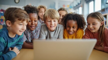 Happy diverse junior school children students gathered at teacher table looking at laptop computer using online software learning web education technology studying together at math class in classroom