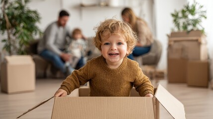 Happy kid son playing with parents homeowners unpacking box on moving day in new home. Cute small toddler child boy having fun in living room. Family relocation, removals and buying property concept.