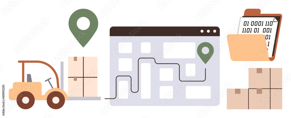 Poster forklift moving boxes, delivery route on screen with location pins, folder with data sheet, stacked 