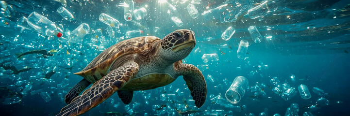 Fototapeta premium Ocean turtle swims through plastic waste in clear blue water