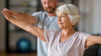 Happy senior woman doing exercise at home with physiotherapist. Old retired lady doing stretching arms at home with the help of a personal trainer during a rehabilitation session., no logos, no brand