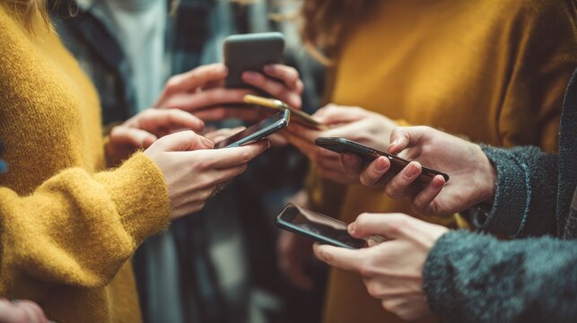 Group of friends having fun together with smartphones - Closeup of hands social networking with mobile cellphones - Technology and phone addiction concept - Soft focus on the left bottom hand, no log
