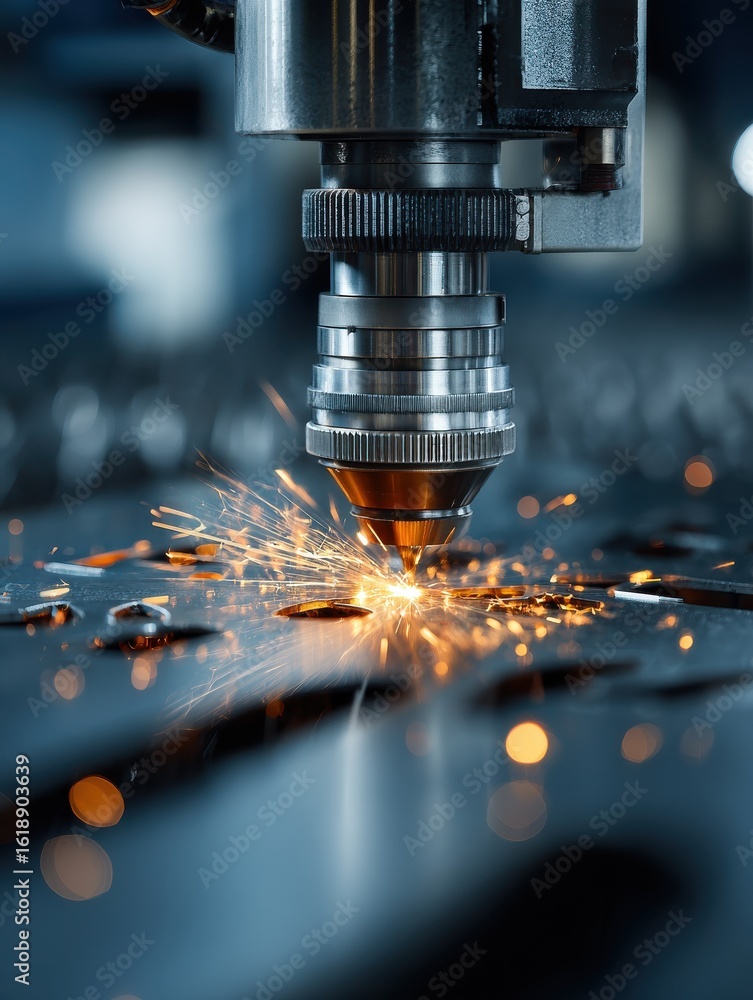Poster ultra quality image of automated industrial laser cutting precision sheet metal with sparks in moder