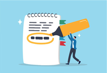 Highlight important note, serious essential word in highlight circle or underline, marked critical, vital or significant, spotlight attention concept, businessman highlight pen circle important note