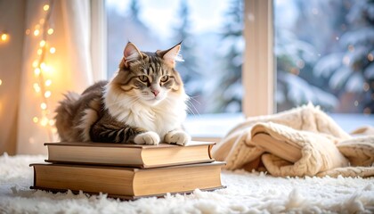 Cozy cat resting on books by a snowy window