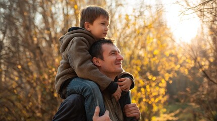 Father giving son ride on back in park. Portrait of happy father giving son piggyback ride on his shoulders and looking up. Cute boy with dad playing outdoor., no logos, no brands