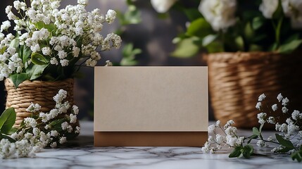 Delicate white florals framing elegant blank card photos