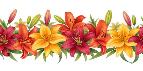 Vibrant border of watercolor lilies in red orange and yellow
